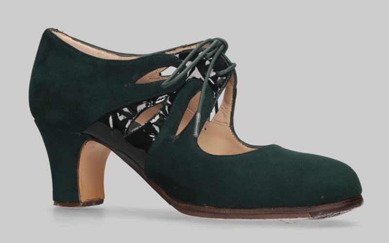 Zapato de baile flamenco profesional ante verde botella y adorno charol negro