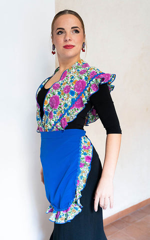 Conjunto delantal y mantoncillo flamenco azul con flores de colores