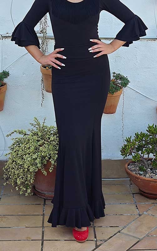Black Flamenco Skirt, Fitted to Mid-Thigh with Sash