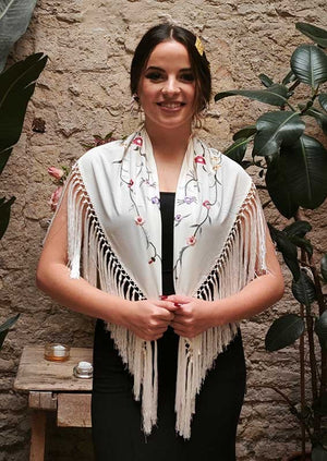 Beige Shawl Embroidered with Colorful Flowers