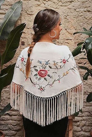 Beige Shawl Embroidered with Colorful Flowers