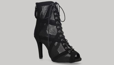 Zapato tipo botín para baile de salón de malla negro con cordones y cremallera en talón