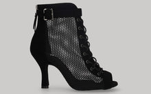 Zapato tipo botín para baile de salón de malla y ante negro con cordones y cremallera en talón