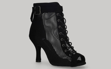 Zapato tipo botín para baile de salón de malla y ante negro con cordones y cremallera en talón