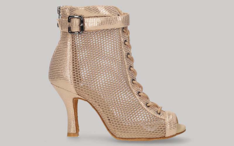 Zapato tipo botín para baile de salón de malla y fantasía oro con cordones y cremallera en talón