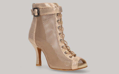 Zapato tipo botín para baile de salón de malla y fantasía oro con cordones y cremallera en talón