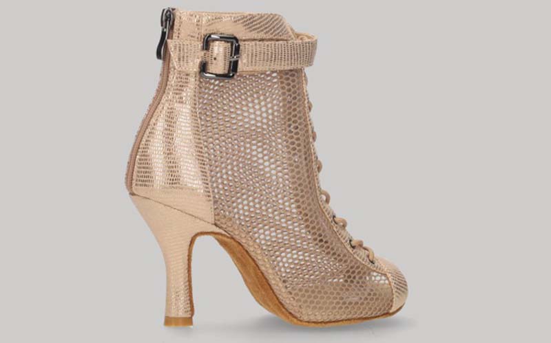 Zapato tipo botín para baile de salón de malla y fantasía oro con cordones y cremallera en talón