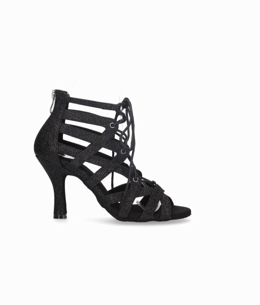 Zapato abotinado para baile de salón negro con tiras cruzadas con cordones y cierre cremallera en el talón