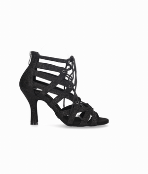 Zapato abotinado para baile de salón negro con tiras cruzadas con cordones y cierre cremallera en el talón