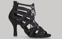 Zapato abotinado para baile de salón negro con tiras cruzadas con cordones y cierre cremallera en el talón