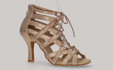 Zapato abotinado para baile de salón oro con tiras cruzadas con cordones y cierre cremallera en el talón