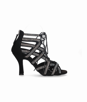 Black ankle boot for ballroom dancing with criss-cross crystal rhinestone straps, laces, and a zipper closure on the heel