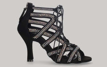 Zapato abotinado para baile de salón negro con tiras cruzadas de pedrería de cristal con cordones y cierre cremallera en el talón