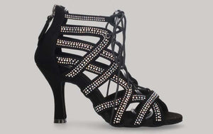 Black ankle boot for ballroom dancing with criss-cross crystal rhinestone straps, laces, and a zipper closure on the heel