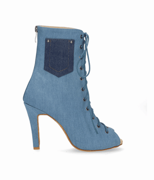 Zapato abotinado para baile de salón de lona vaquera azul claro con cordones y cierre de cremallera en talón