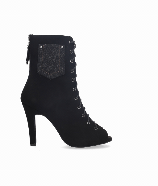 Zapato abotinado para baile de salón de ante negro con cordones y cierre de cremallera en talón