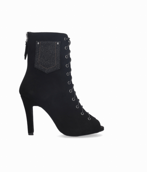 Zapato abotinado para baile de salón de ante negro con cordones y cierre de cremallera en talón