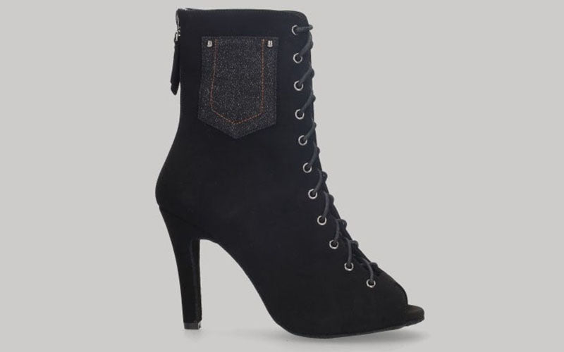 Zapato abotinado para baile de salón de ante negro con cordones y cierre de cremallera en talón