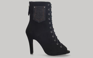 Zapato abotinado para baile de salón de ante negro con cordones y cierre de cremallera en talón