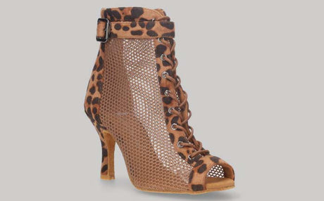 Zapato tipo botín para baile de salón de malla y fantasía leopardo con cordones y cremallera en talón