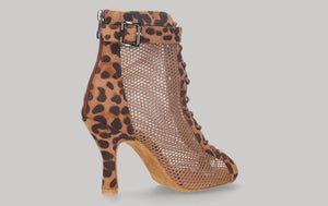 Zapato tipo botín para baile de salón de malla y fantasía leopardo con cordones y cremallera en talón