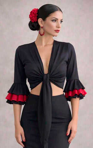 Cárdigan flamenco de punto elástico negro con manga 3/4 con volantes negro y rojo