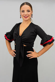 Black stretch knit flamenco cardigan with black and red ruffled 3/4 sleeves