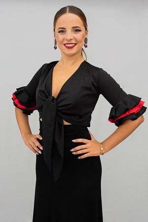 Black stretch knit flamenco cardigan with black and red ruffled 3/4 sleeves