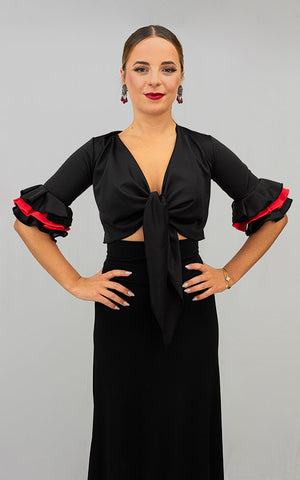Black stretch knit flamenco cardigan with black and red ruffled 3/4 sleeves