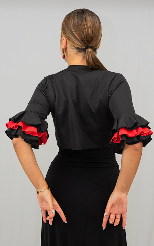 Black stretch knit flamenco cardigan with black and red ruffled 3/4 sleeves
