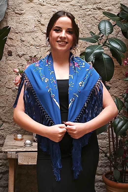 Blue Shawl Embroidered with Colorful Flowers