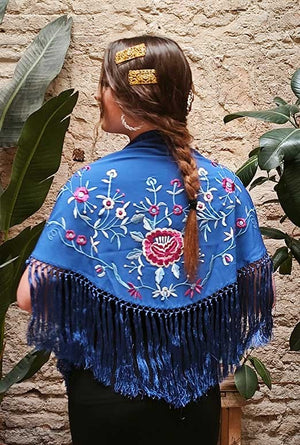 Blue Shawl Embroidered with Colorful Flowers