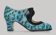 Zapato de baile flamenco profesional piel fantasía multicolor y ante negro con cordones