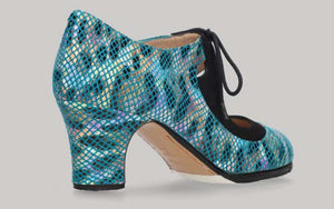 Zapato de baile flamenco profesional piel fantasía multicolor y ante negro con cordones