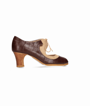 Zapato de baile flamenco profesional en piel coco marrón y ante beige con cordones