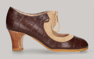Zapato de baile flamenco profesional en piel coco marrón y ante beige con cordones