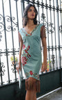 Vestido Flamenco verde agua de algodón y lycra bordado con escote en v y flecos