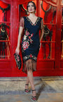 Vestido Flamenco negro de algodón y lycra bordado con escote en v y flecos