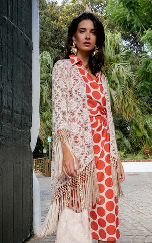 Chaqueta Saeta marfil de encaje terminada en flecos enrejados