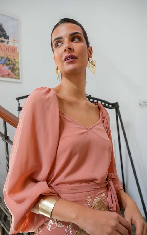 Top Lumbre de gasa liso color salmón