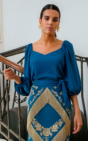 Top Lumbre de gasa liso color azul