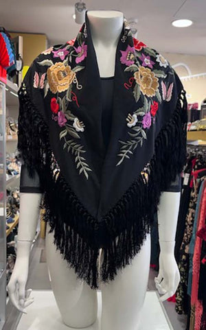 Mantoncillo negro bordado con flores multicolor y rosas 140 cm.