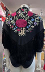 Mantoncillo negro bordado con flores multicolor y rosas color fresoón 140 cm.