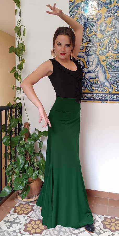 Jupe flamenco ajustée vert bouteille avec beaucoup d'évasement