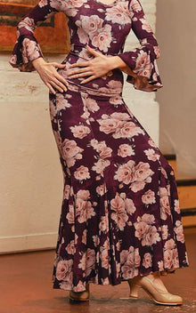 Falda flamenco Ogalla morada con estampado de flores rosas