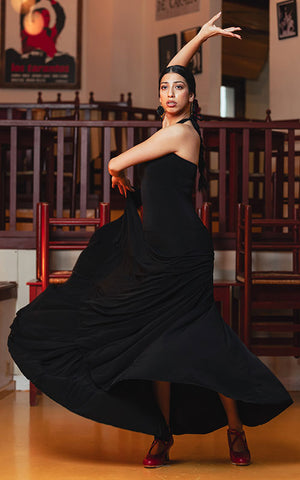 Vestido-Falda flamenco Farolillo de punto elástico negro anudado al cuello