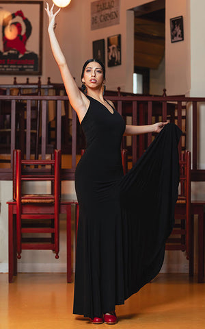 Vestido-Falda flamenco Farolillo de punto elástico negro anudado al cuello