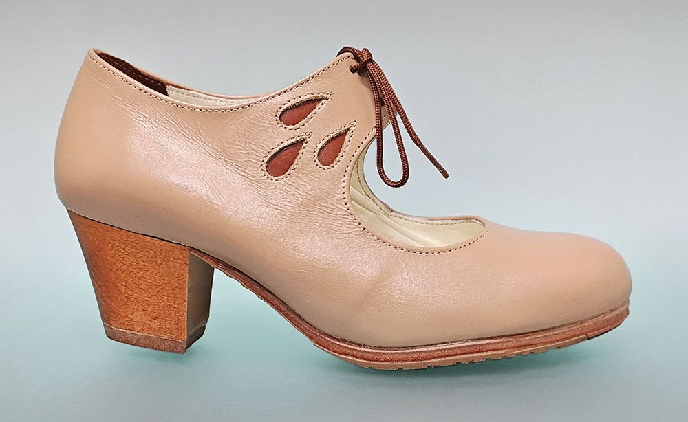Chaussure de danse flamenco professionnelle en cuir beige à talon