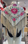 Mantoncillo camel bordado con flores multicolor 140 cm.