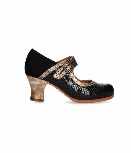Zapato de baile flamenco profesional charol coco con ante negro y fantasía oro